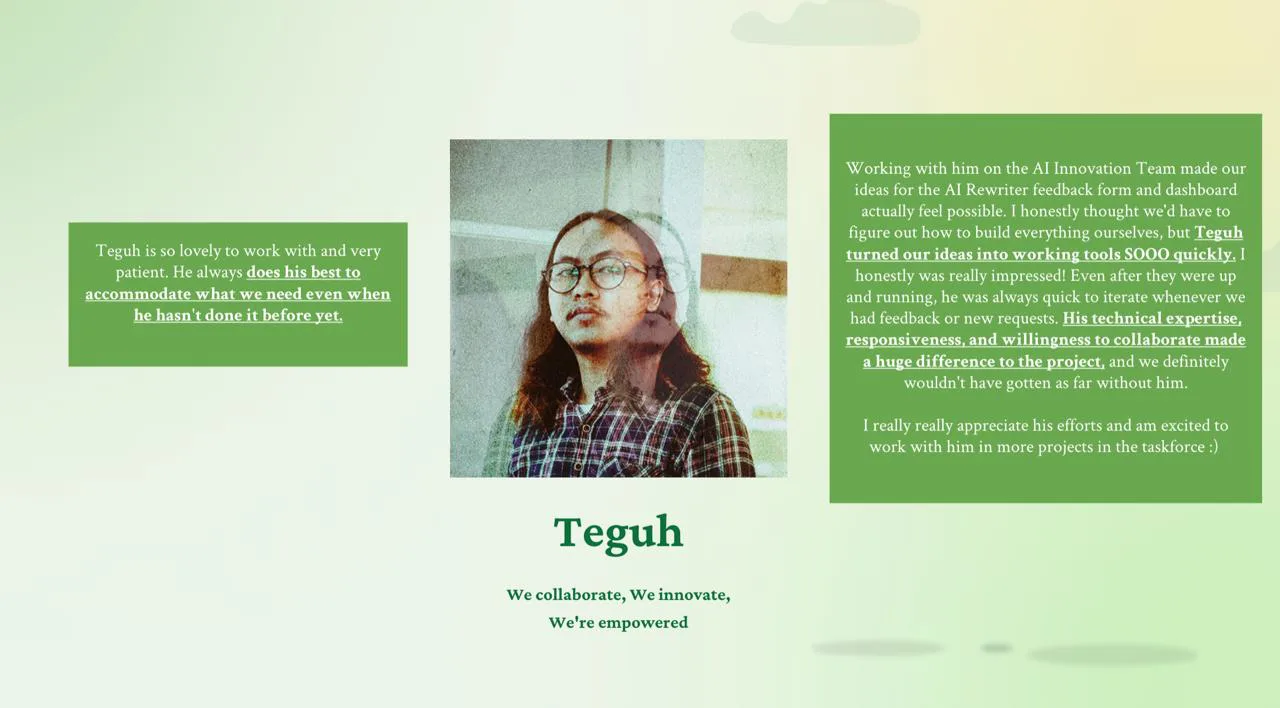 Q2 2026 Values Reward feedback for Teguh — recognized for collaboration on the AI Innovation Team, turning ideas into working tools quickly, technical expertise, and responsiveness